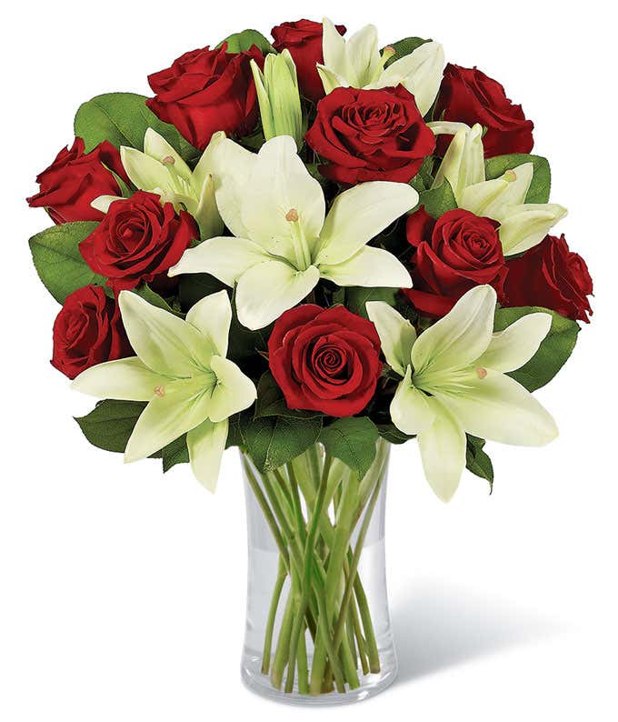 Whimsical White Lily & Red Rose Bouquet