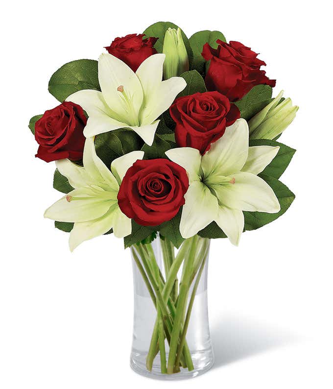 Whimsical White Lily & Red Rose Bouquet